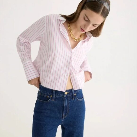 J. Crew Garcon Organic Cotton Pink Stripe Crop Shirt Women’s Size 12 - Picture 1 of 8